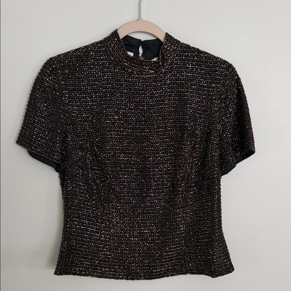 Oleg Cassini Black and Copper Beaded Blouse